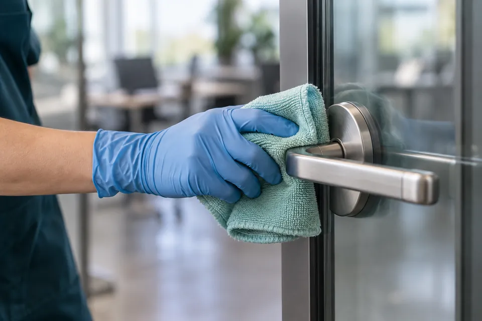 Illustrative close-up of a gloved hand carefully cleaning around an office door handle with a microfiber cloth