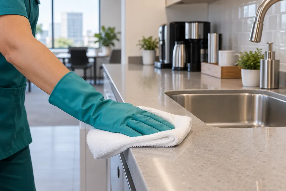 Illustrative cleaner wearing an opaque rubber glove and wiping a kitchenette counter with a folded cloth
