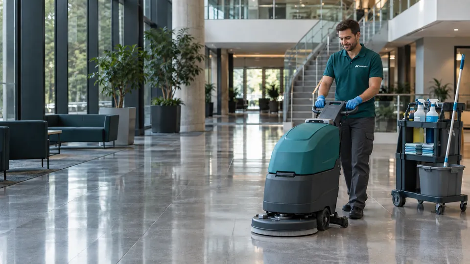 Illustrative male cleaning professional wearing a teal polo with a white Avenytra logo, operating a floor scrubber beside cleaning supplies