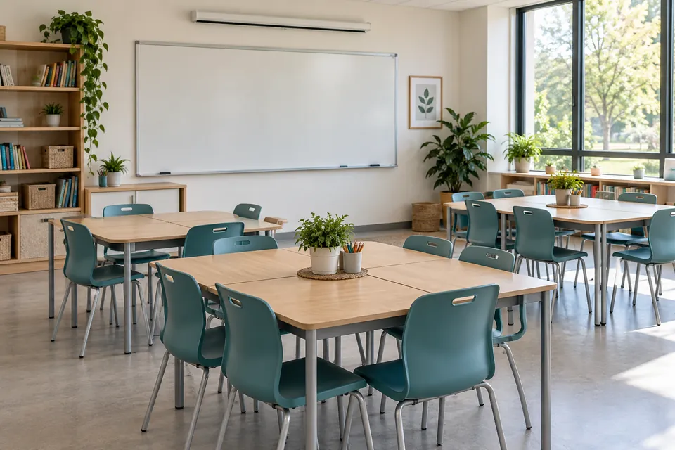 Illustrative classroom with tables, chairs, and a teaching board