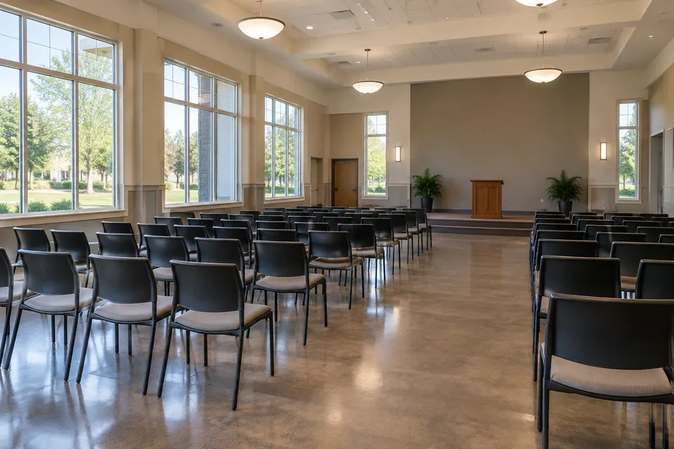 Illustrative community hall with arranged chairs, a lectern, and hard flooring