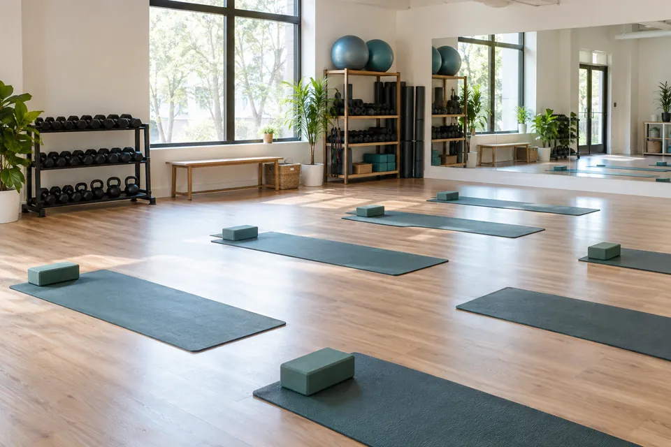 Illustrative fitness studio with exercise mats and equipment