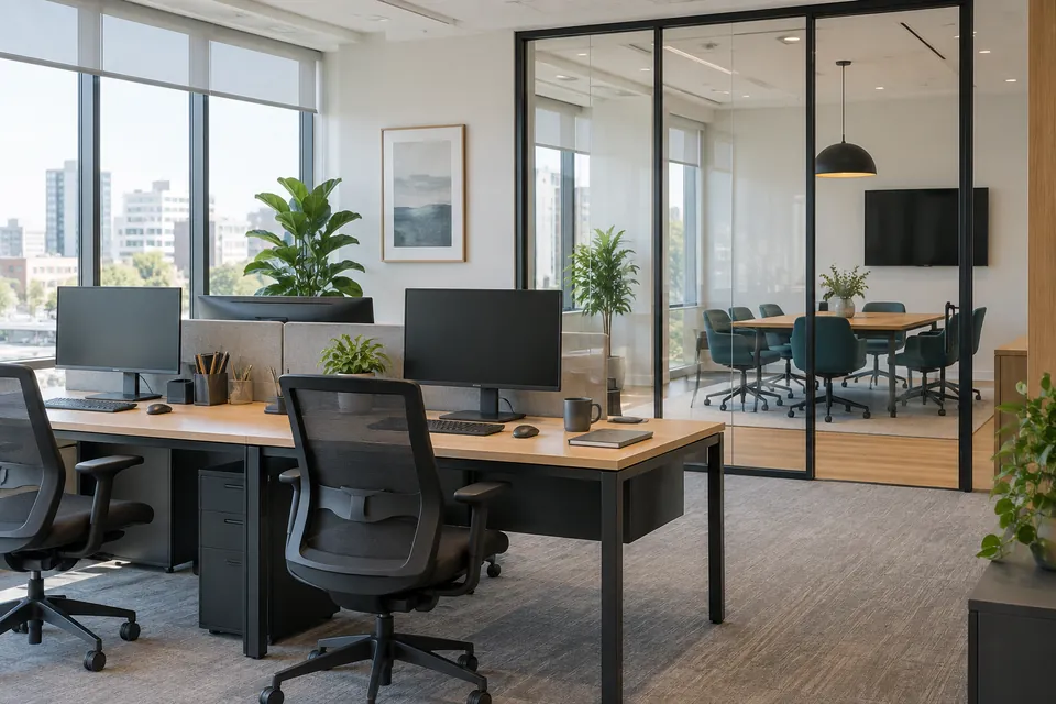 Illustrative sunlit office with workstations and a meeting area