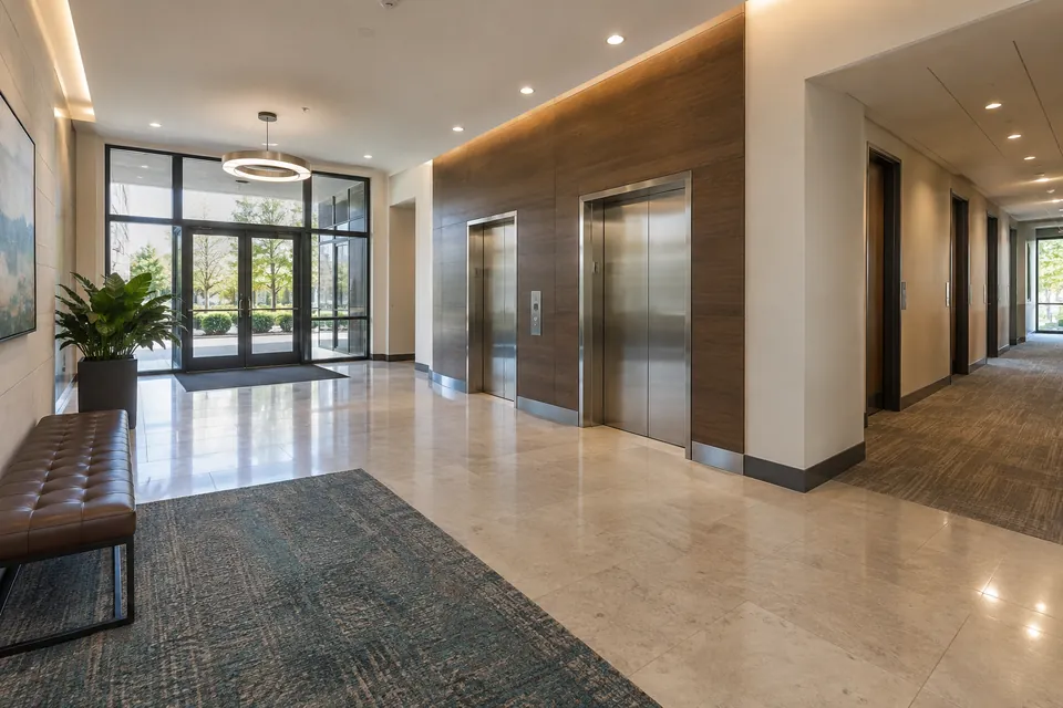 Illustrative commercial lobby with elevators and shared corridors