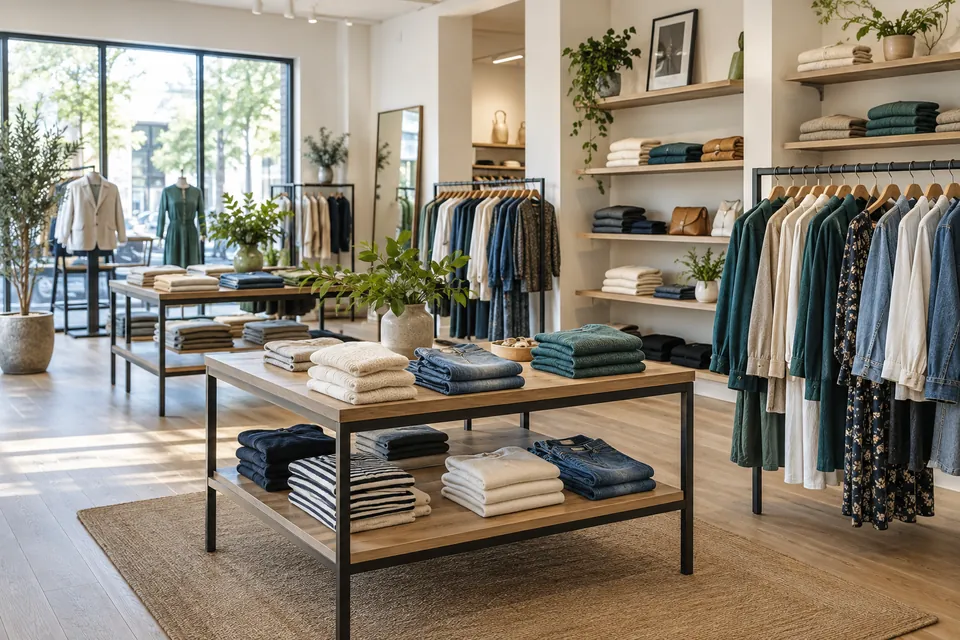 Illustrative retail showroom with clothing racks and product displays