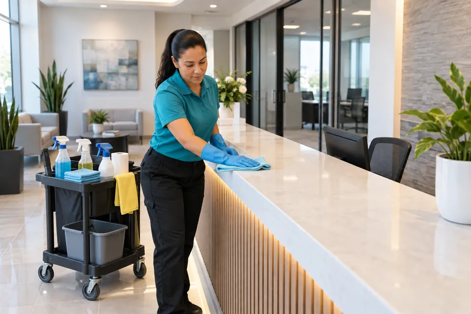 Illustrative cleaner wearing rubber gloves and wiping a reception counter beside a stocked cleaning cart on a hard tile floor